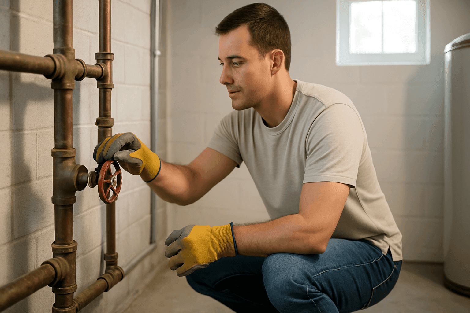 Homeowner turning off main water valve in basement during plumbing emergency
