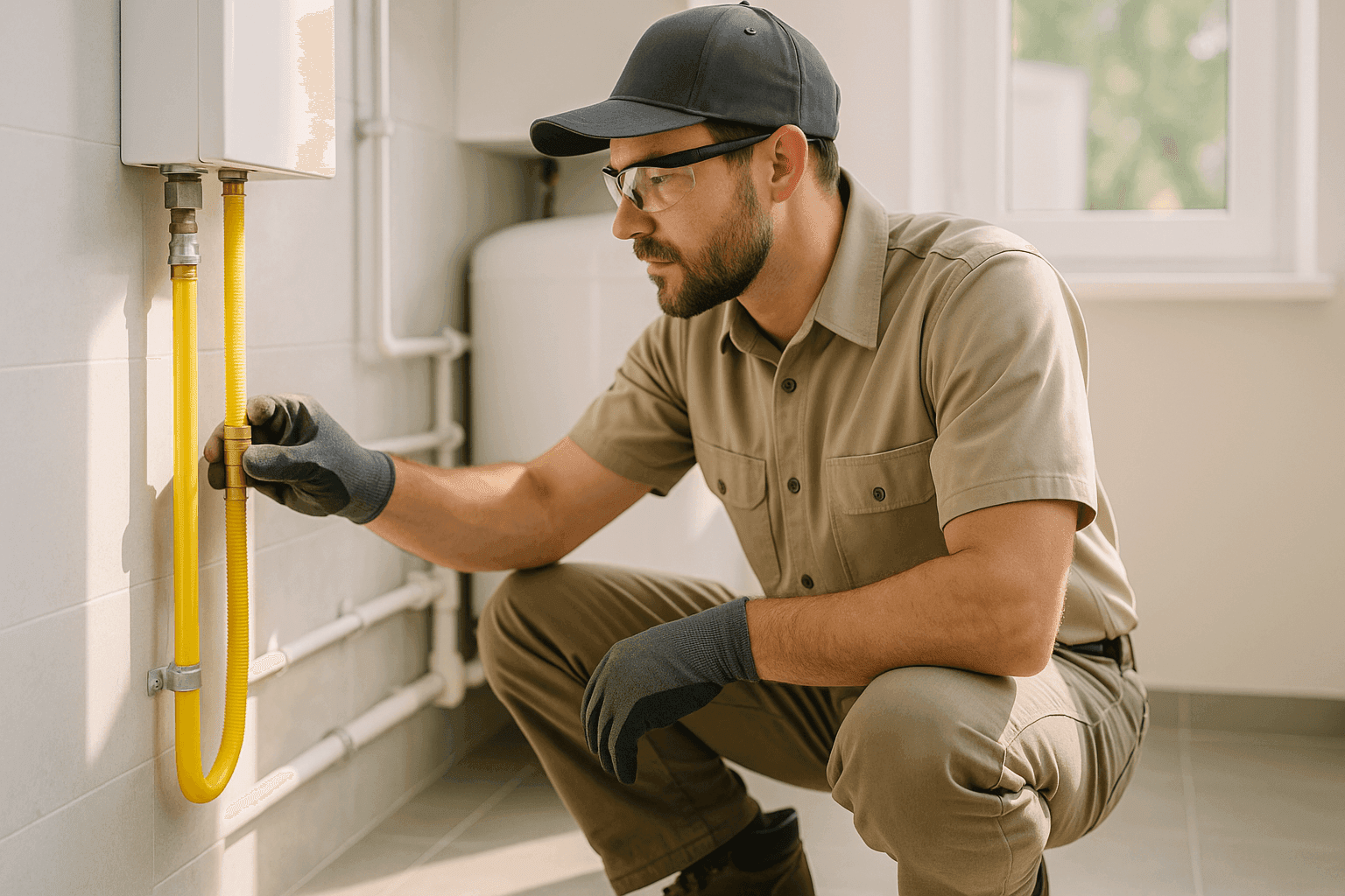 Technician inspecting new gas line installation in residential utility room