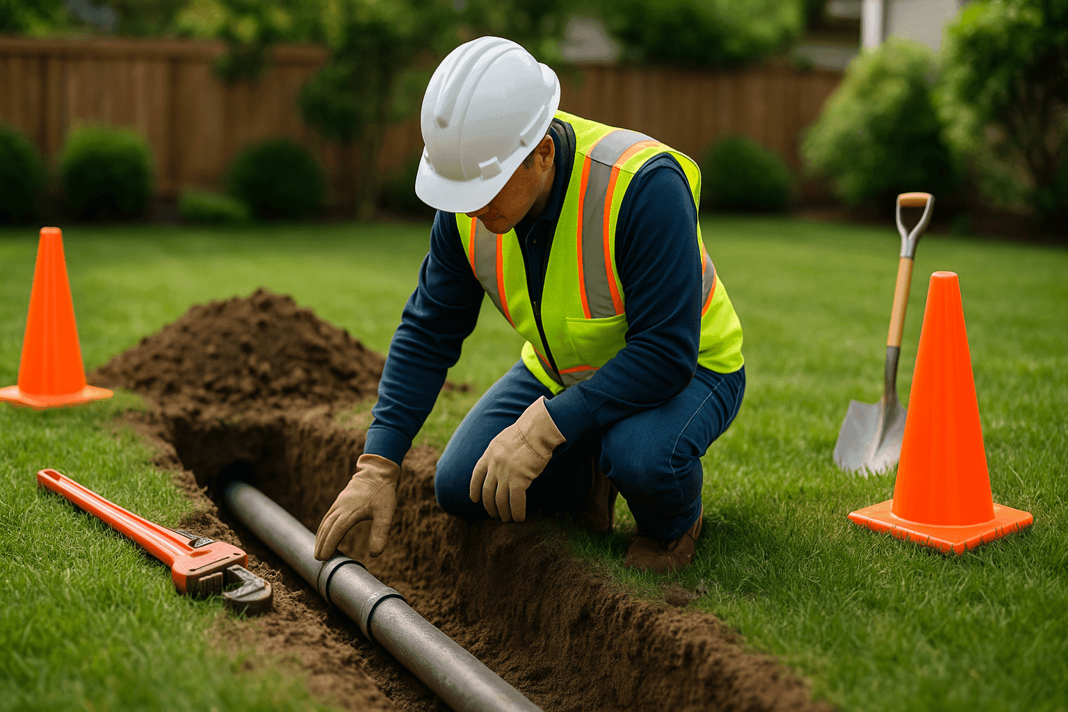 Excavated backyard with exposed sewer pipe being repaired by technician