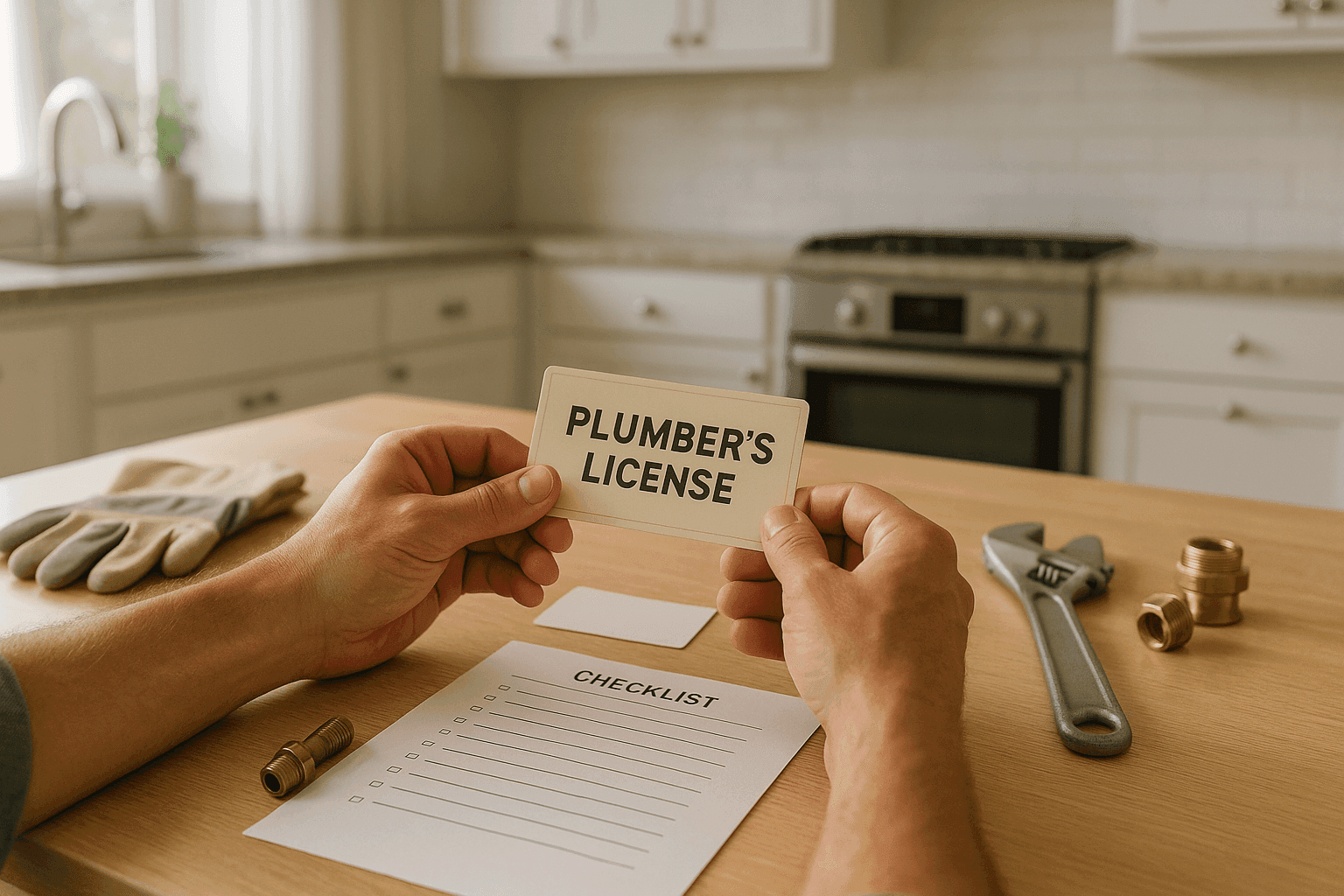 Homeowner reviewing plumber credentials and business card at kitchen table