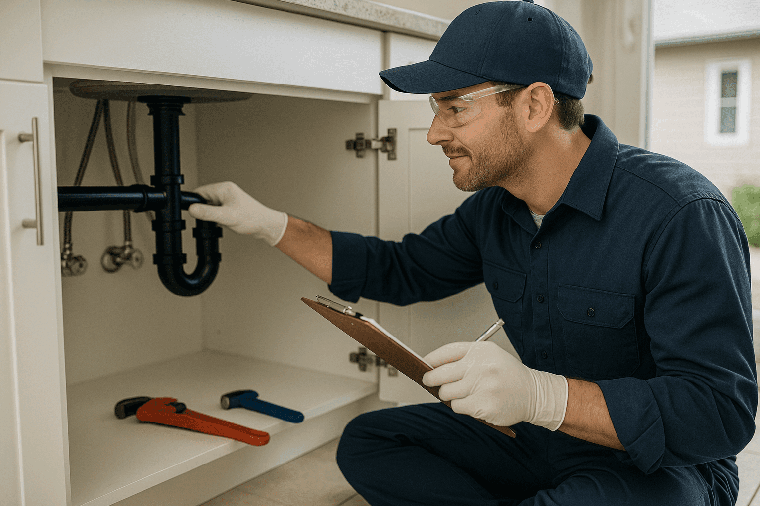 Professional plumber performing home plumbing maintenance inspection under kitchen sink