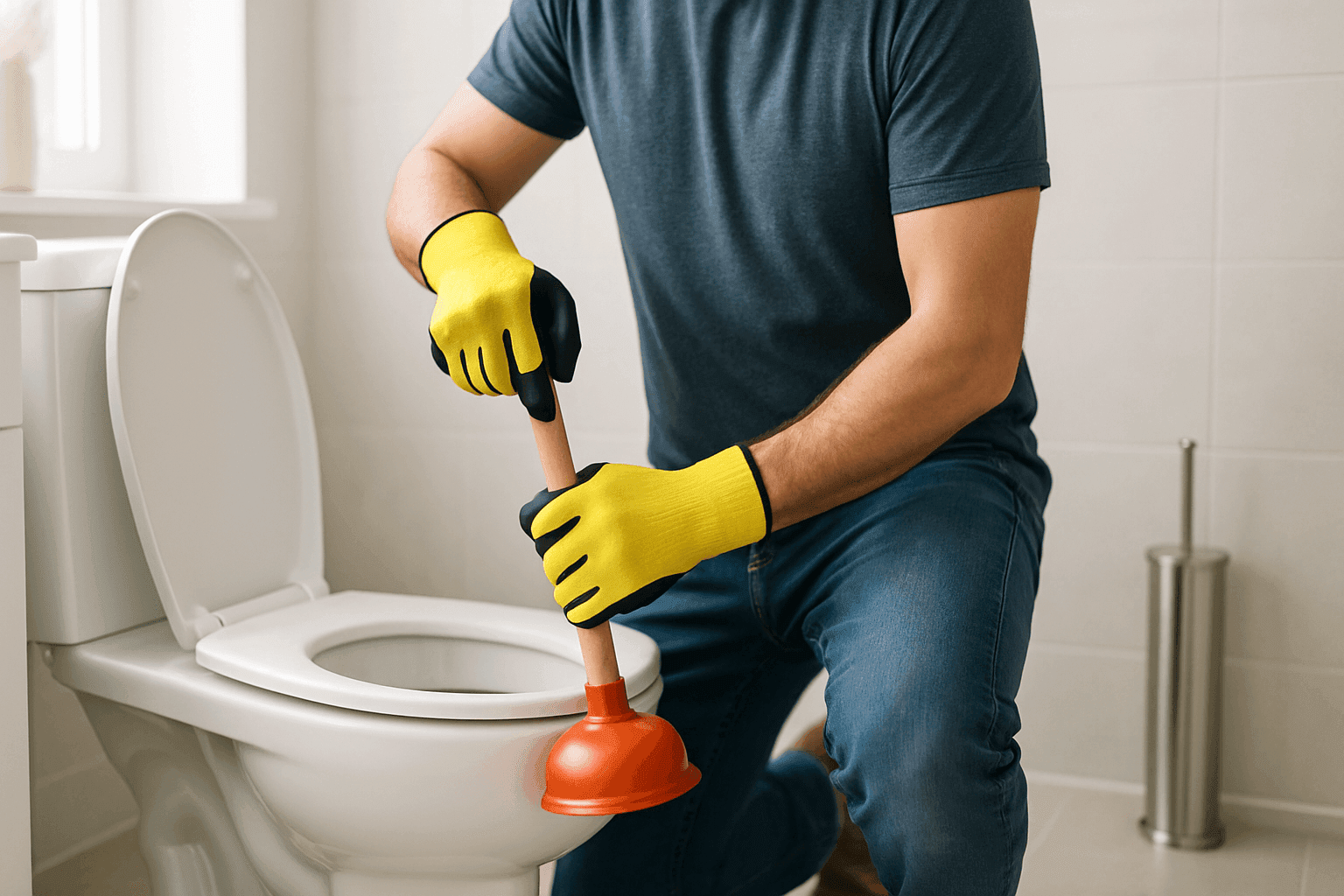 Homeowner using plunger to unclog toilet in clean bathroom