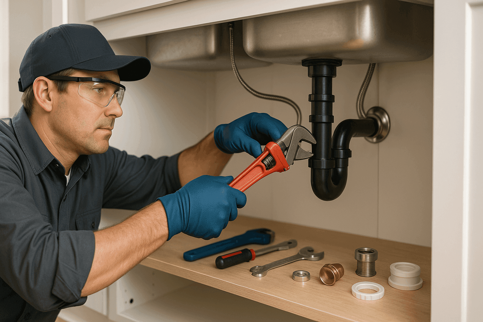 Plumber fixing leak under kitchen sink with wrench