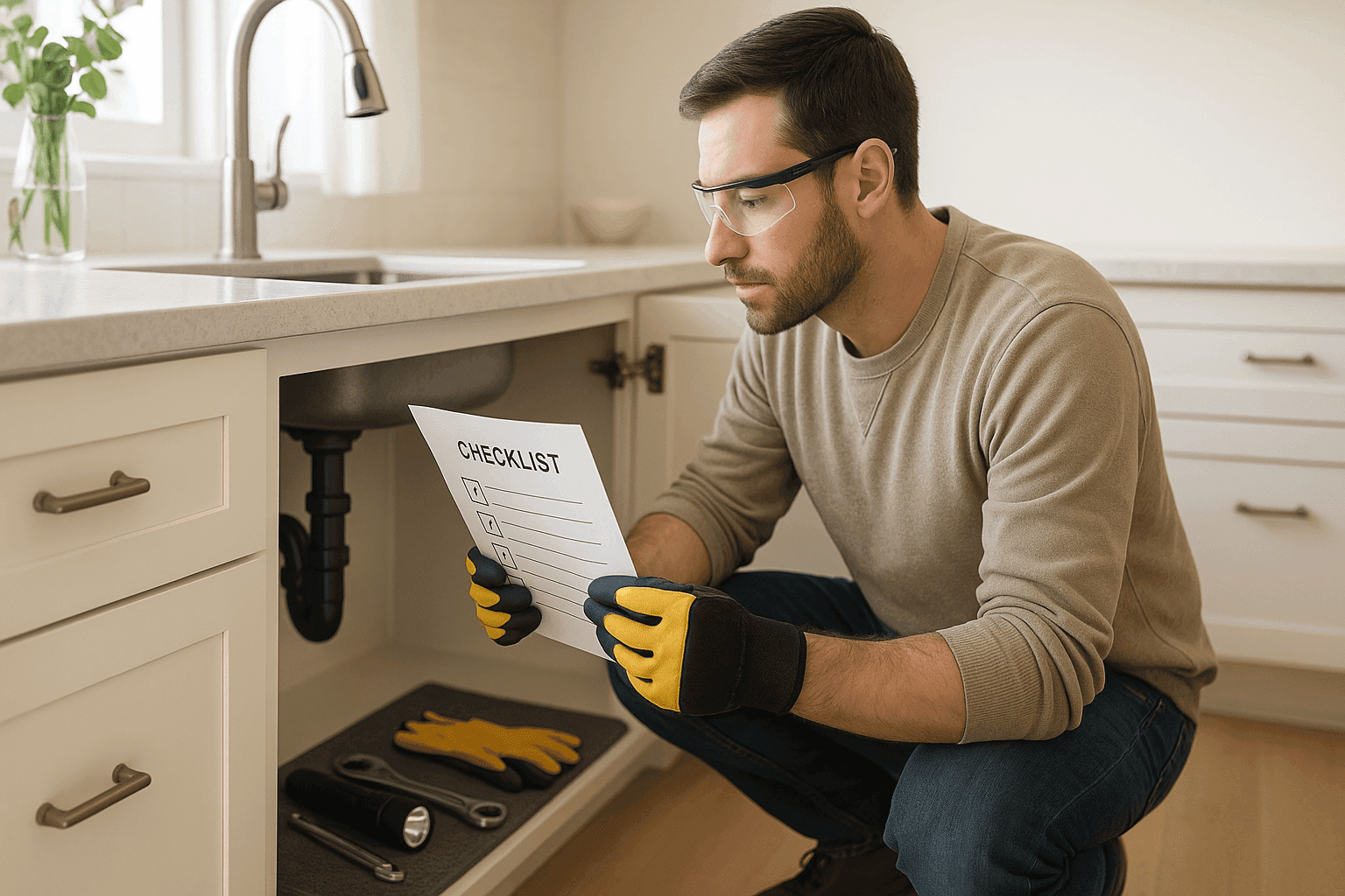 Homeowner checking under sink with plumbing maintenance checklist in hand