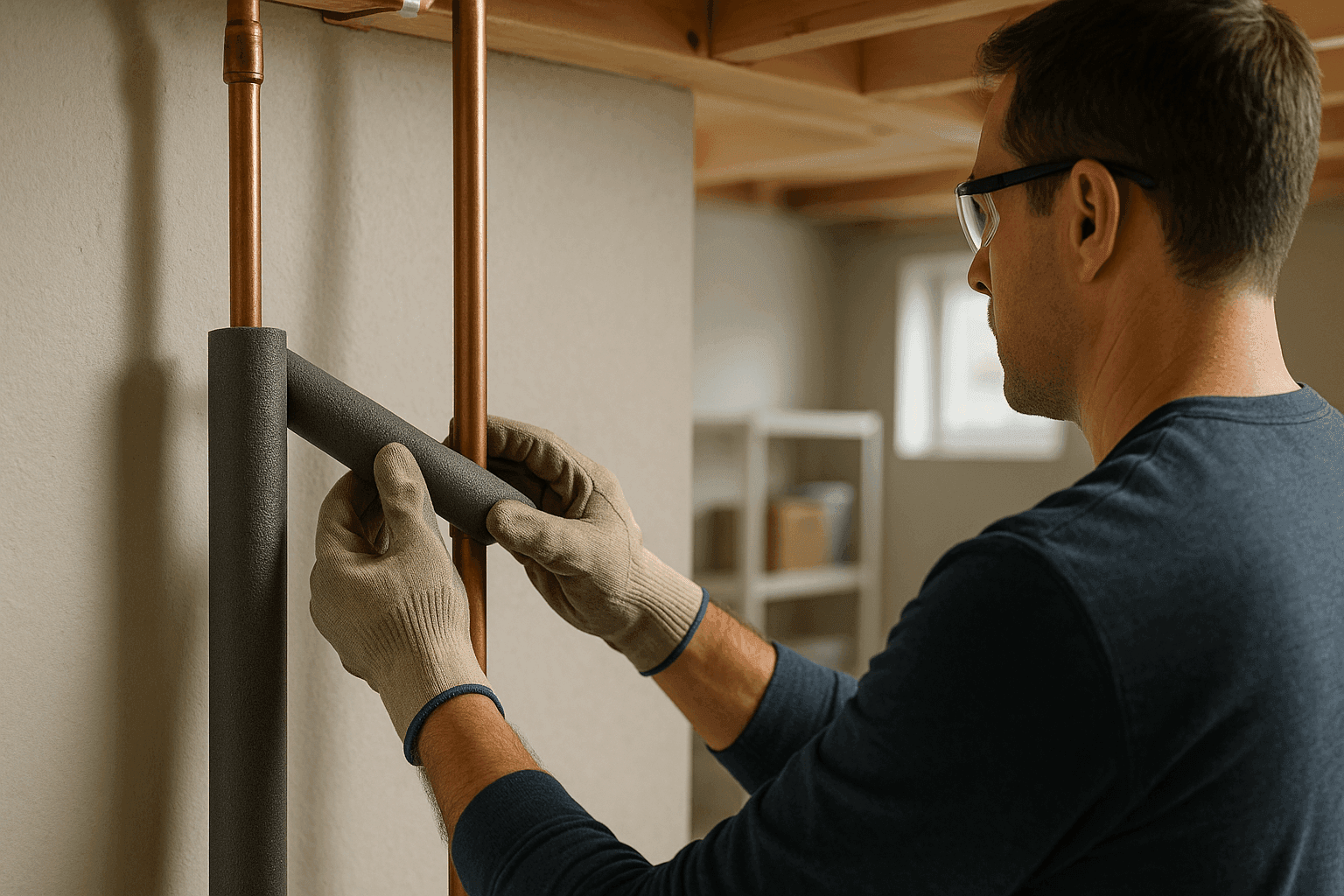 Homeowner insulating exposed basement pipes to prevent freezing