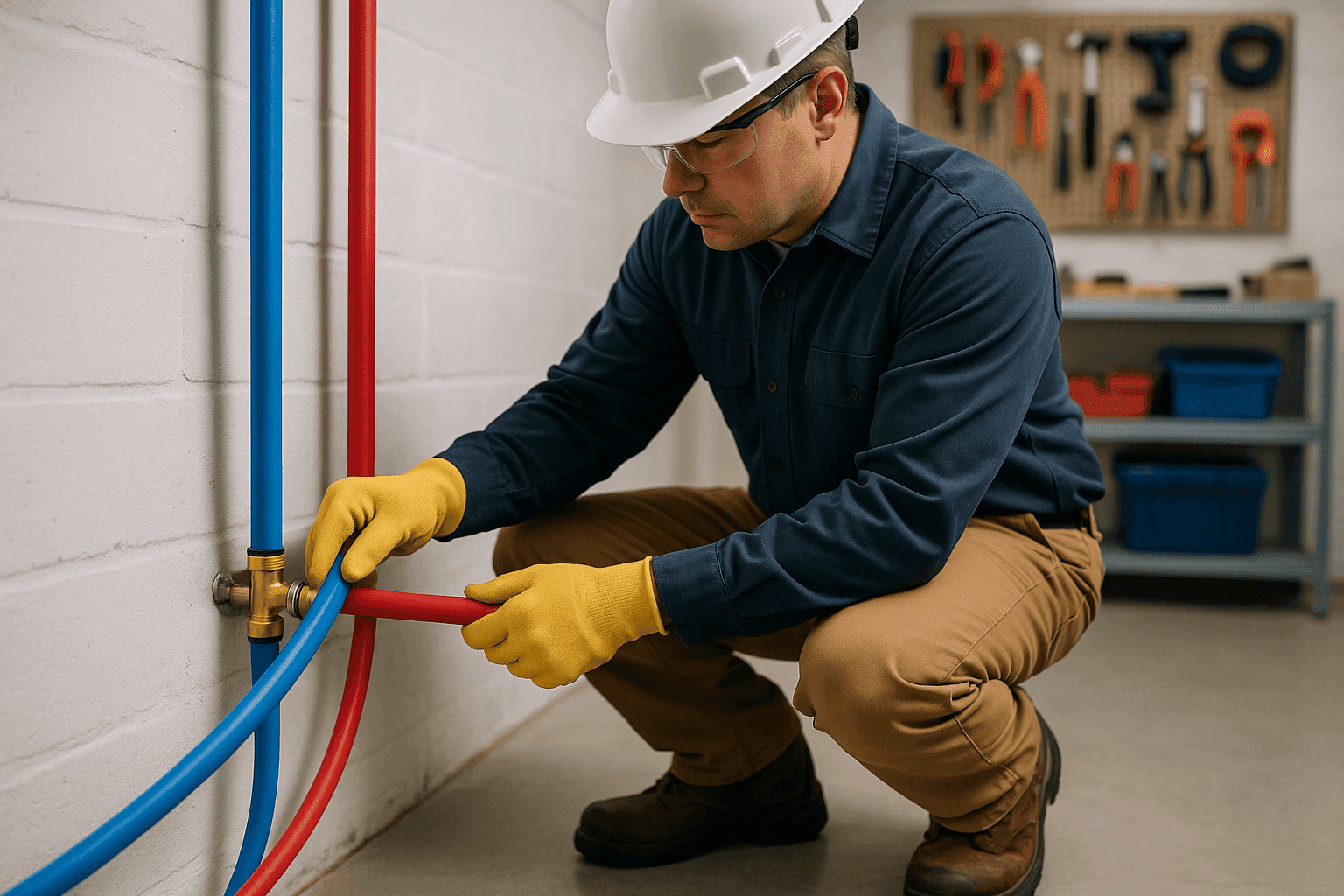 Technician replacing old galvanized pipes with new PEX piping