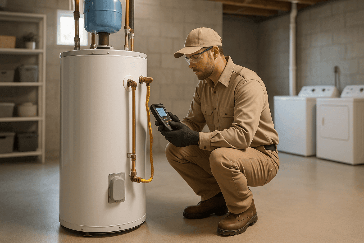 Plumber inspecting household water heater with diagnostic tool