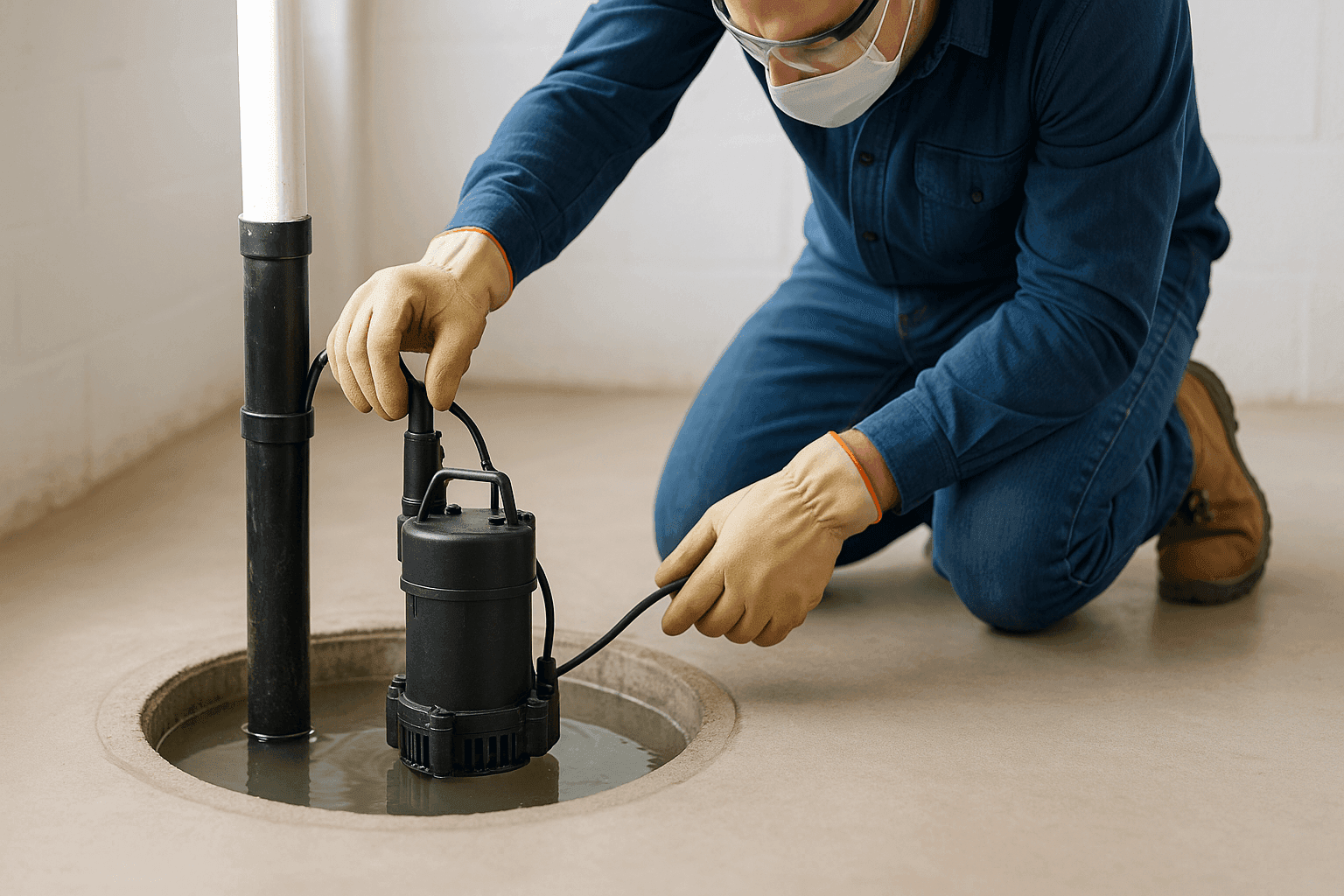 Technician testing residential sump pump in basement pit