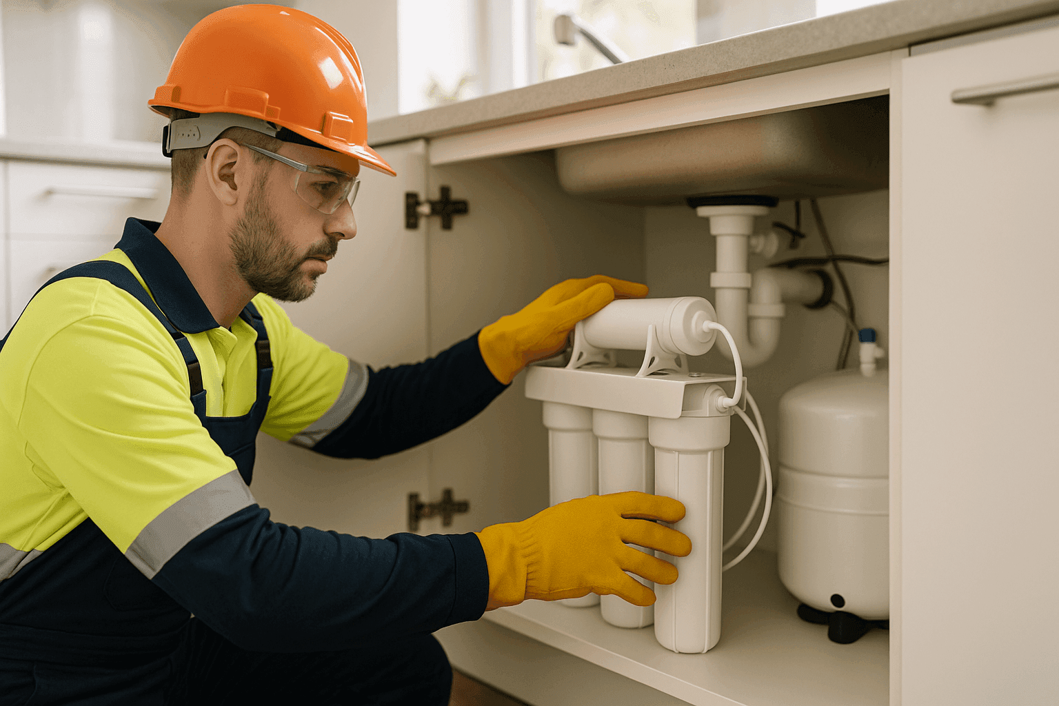 Technician installing under-sink water filtration system in kitchen