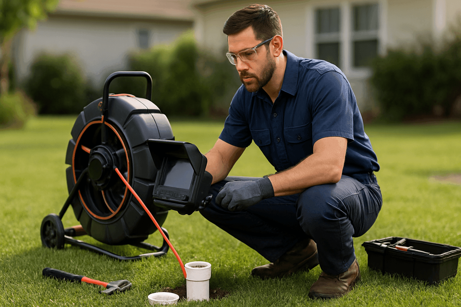Plumber operating sewer camera for home sewer line inspection